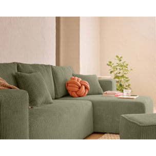 Topaze - canapé d'angle réversible 4 places - convertible avec coffre, tablette et poufs - en velours côtelé - Vert Kaki