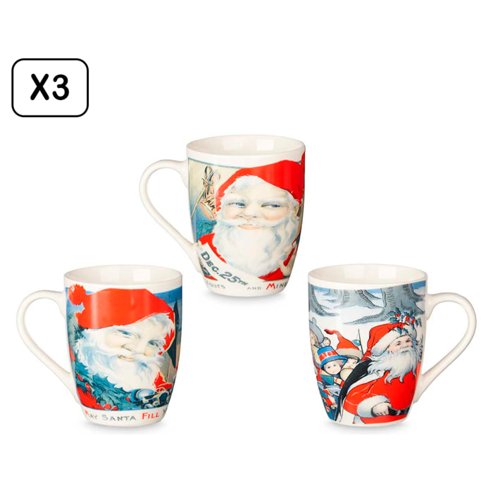 Pack di 3 tazze di Natale 350ml. Assortimento di 3 design di Babbo Natale.