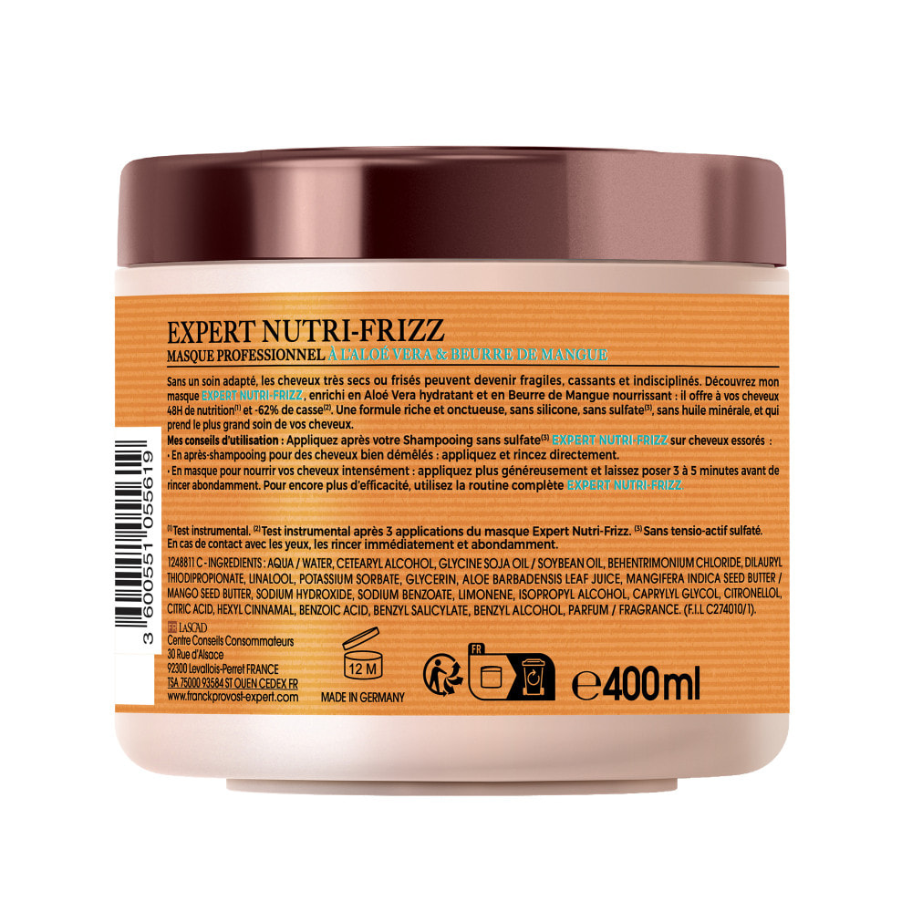 Lot de 6 - Franck Provost Expert Nutri-Frizz Masque Sans Sulfate Sans Silicone Cheveux Très Secs ou Frisés 400ml