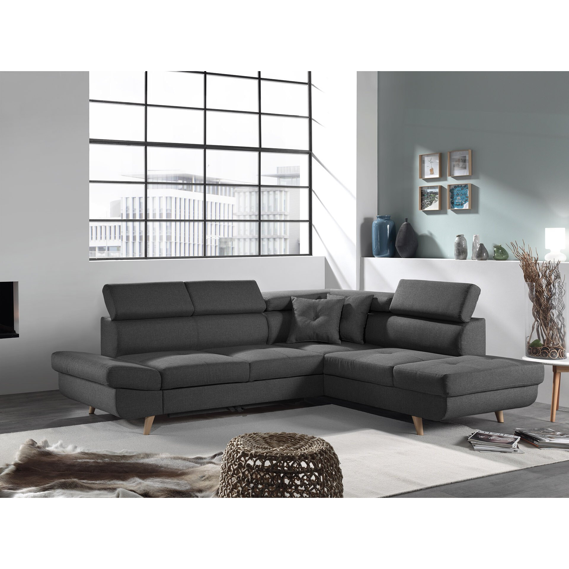 Linea - Canapé d'angle droit convertible - 5 places - avec têtières - Gris foncé