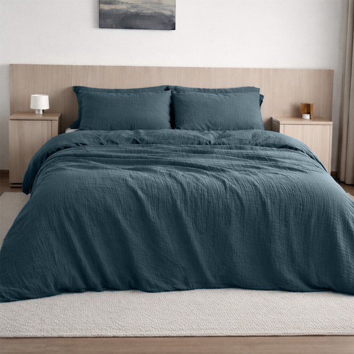 Housse de couette 100% gaze de coton lavé bleu pétrole
