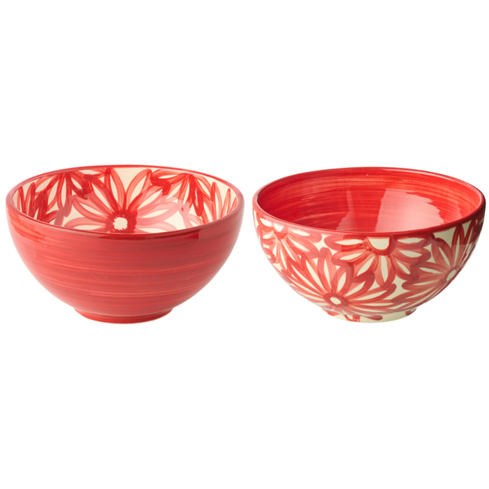 J-Line Bol Fleurs - céramique - rouge - large - 2 pièces