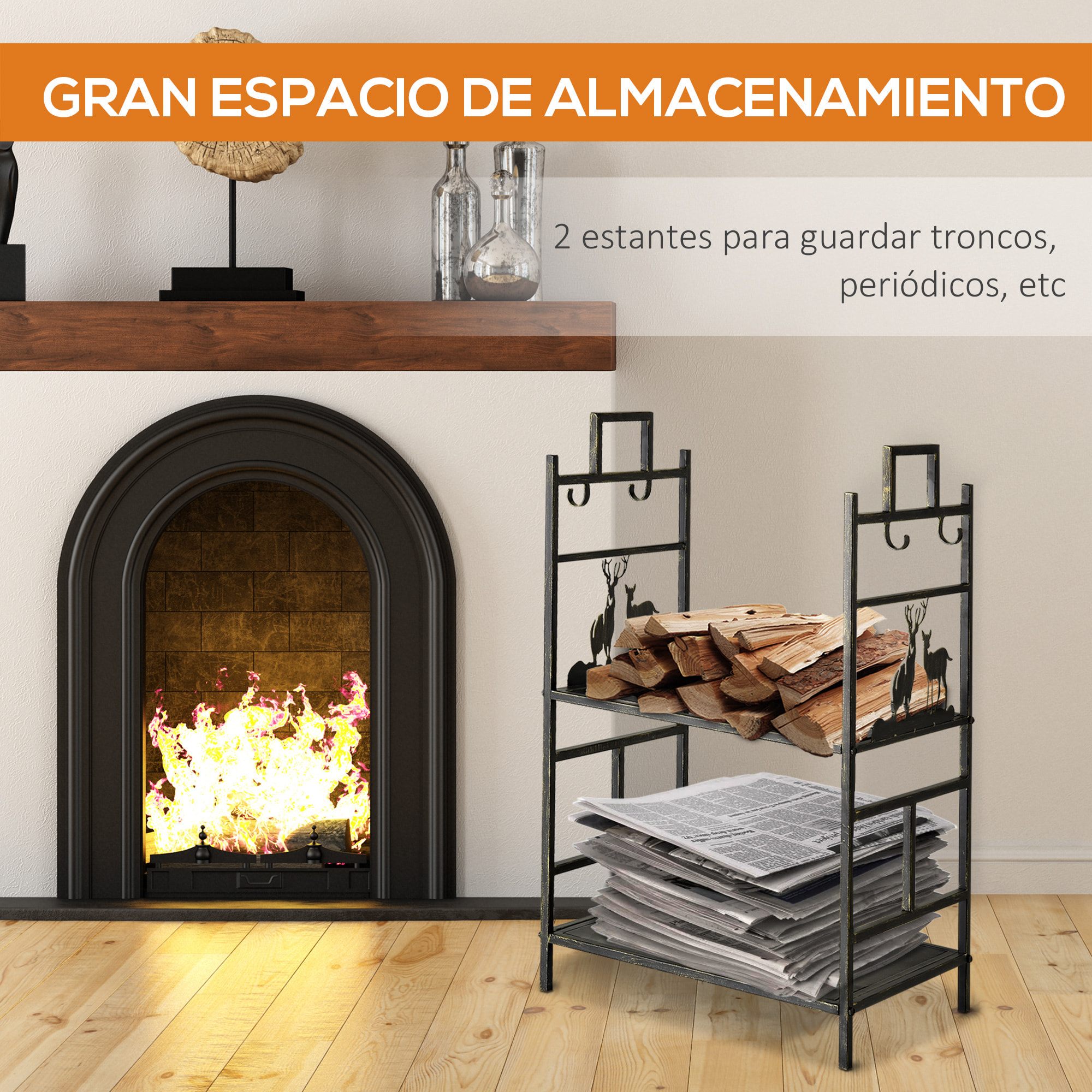Soporte para Leña de Metal de 2 Niveles Estante para Leña con 4 Herramientas y Asas para Chimenea para Interior y Exterior 51,5x33x77 cm Negro Dorado