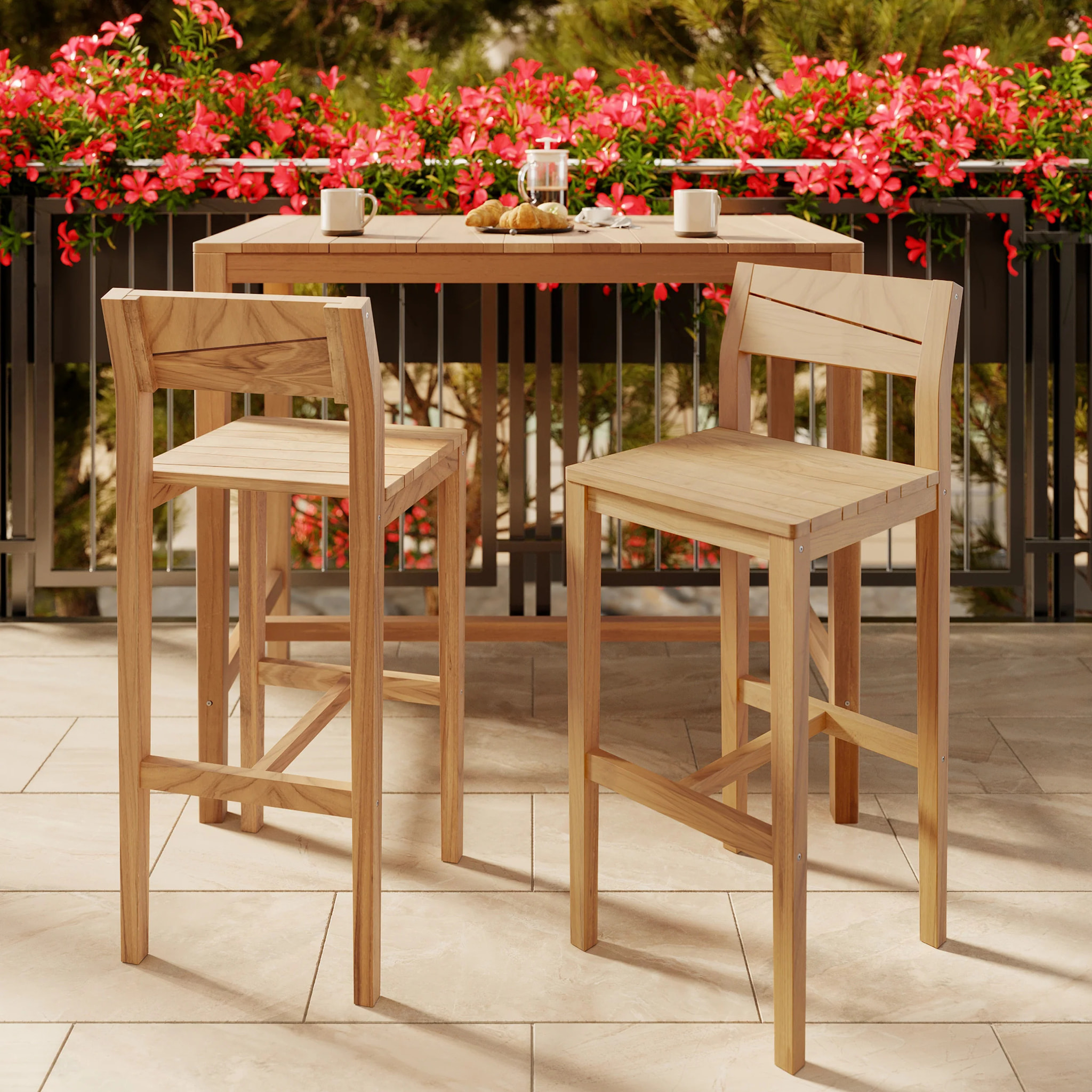 Lot de 2 chaises de bar extérieur 74 cm en bois de teck massif - Tunga