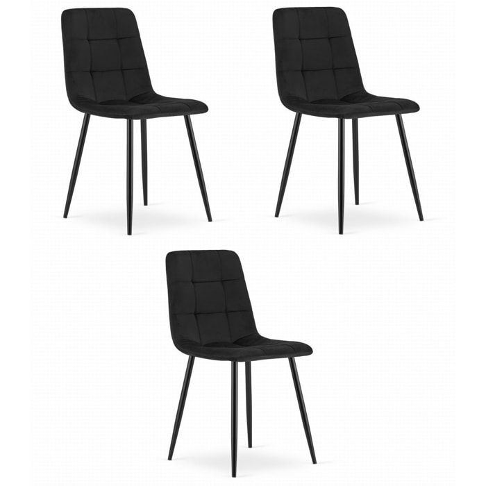 Set di 3 Sedie Kara in Velluto Nero e Metallo