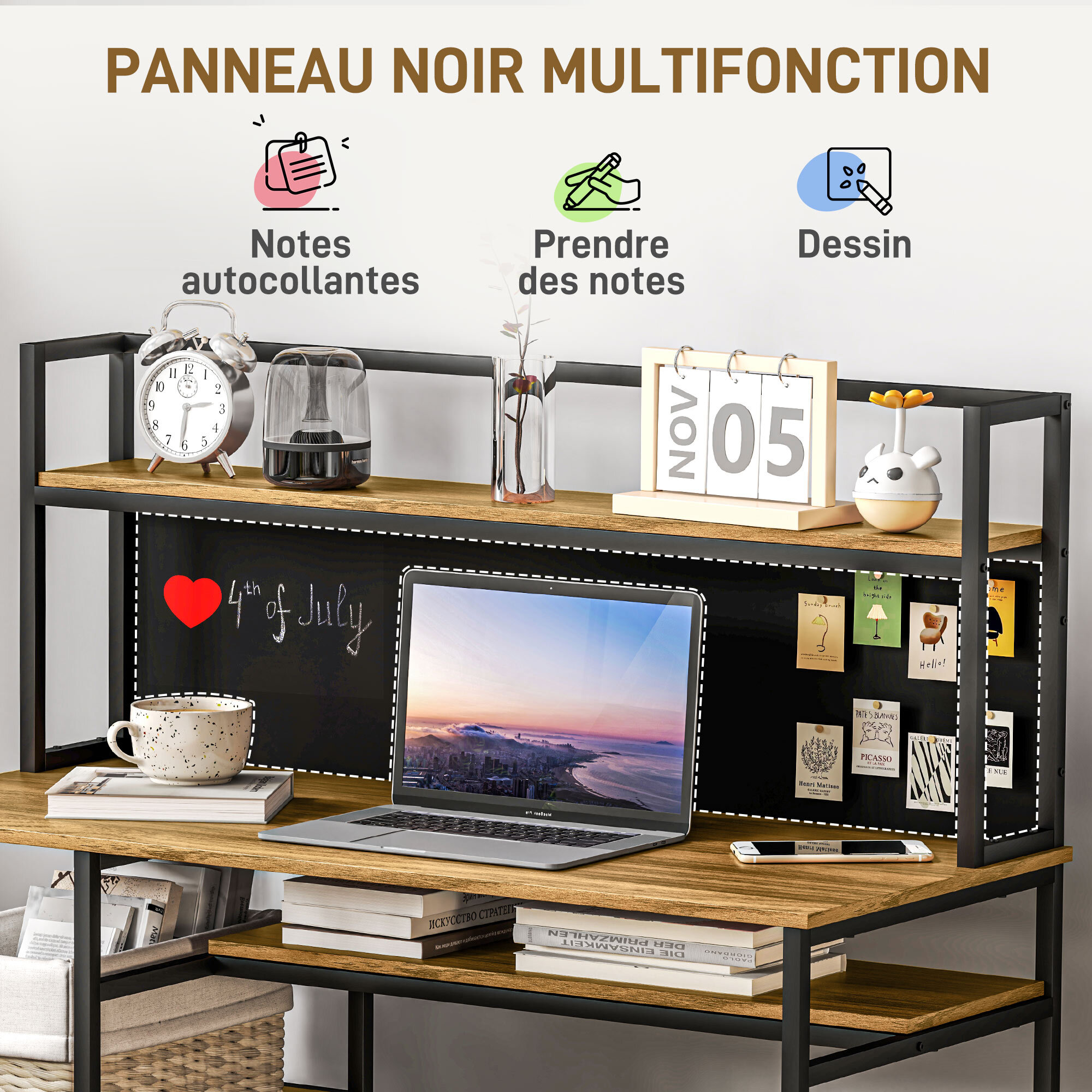 Bureau informatique design industriel 4 étagères grand plateau et panneau noir métal aspect bois