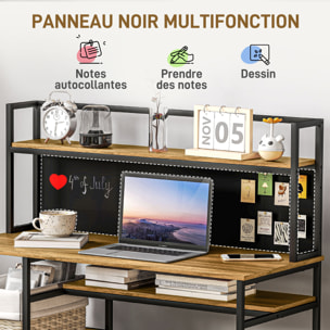 Bureau informatique design industriel 4 étagères grand plateau et panneau noir métal aspect bois
