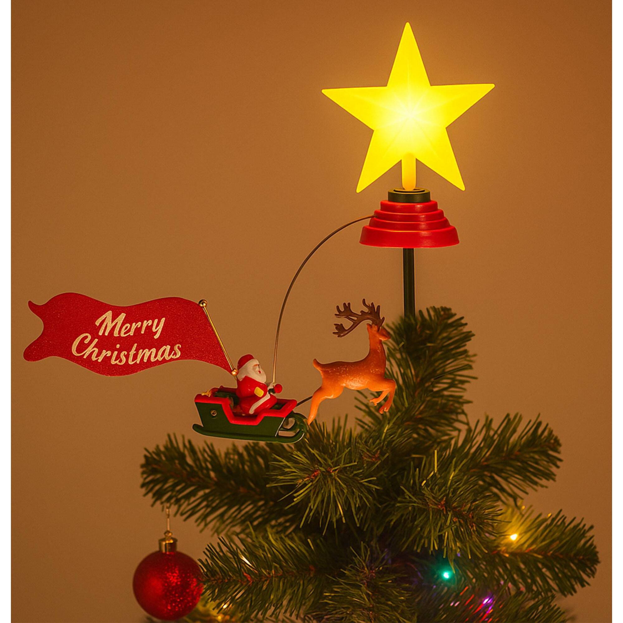 Estrella para cima de árbol de navidad led con música y trineo giratorio