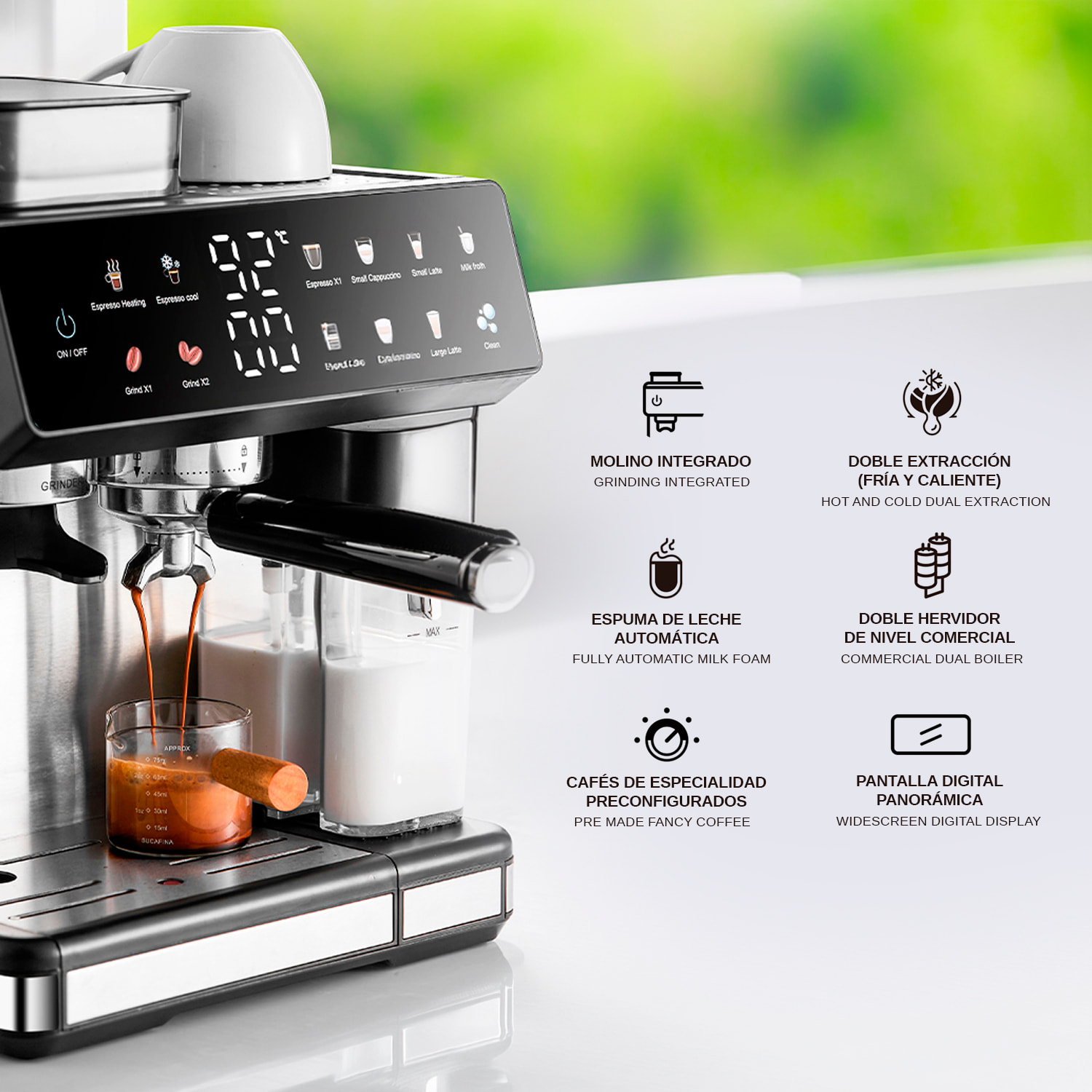 Cafetera de 1350W con 20 niveles de molido y sistema dual para café frío o caliente. Pantalla táctil, varilla de vapor, 20 bar de presión y tanque de 2,7 L.