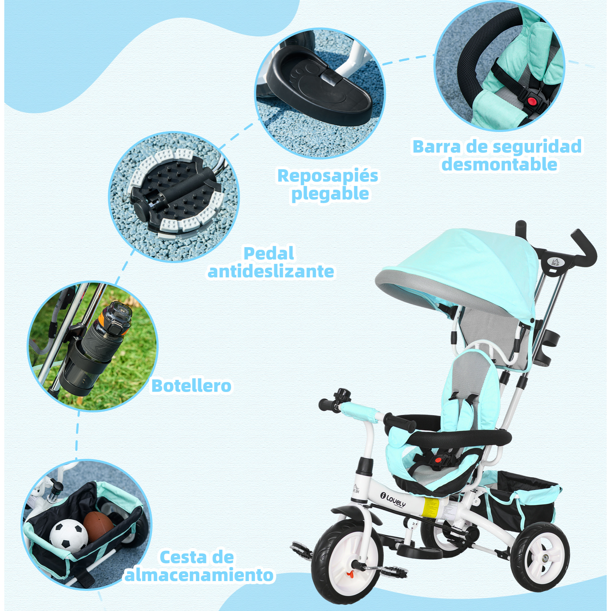 Triciclo para Bebés 6 en 1 Triciclo Evolutivo para Niños de 1-5 Años con Toldo Plegable Mango de Empuje Telescópico Cinturón de Seguridad y Cesto Carga 25 kg Verde Mint