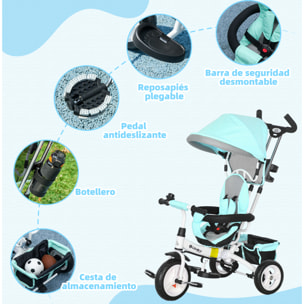 Triciclo para Bebés 6 en 1 Triciclo Evolutivo para Niños de 1-5 Años con Toldo Plegable Mango de Empuje Telescópico Cinturón de Seguridad y Cesto Carga 25 kg Verde Mint