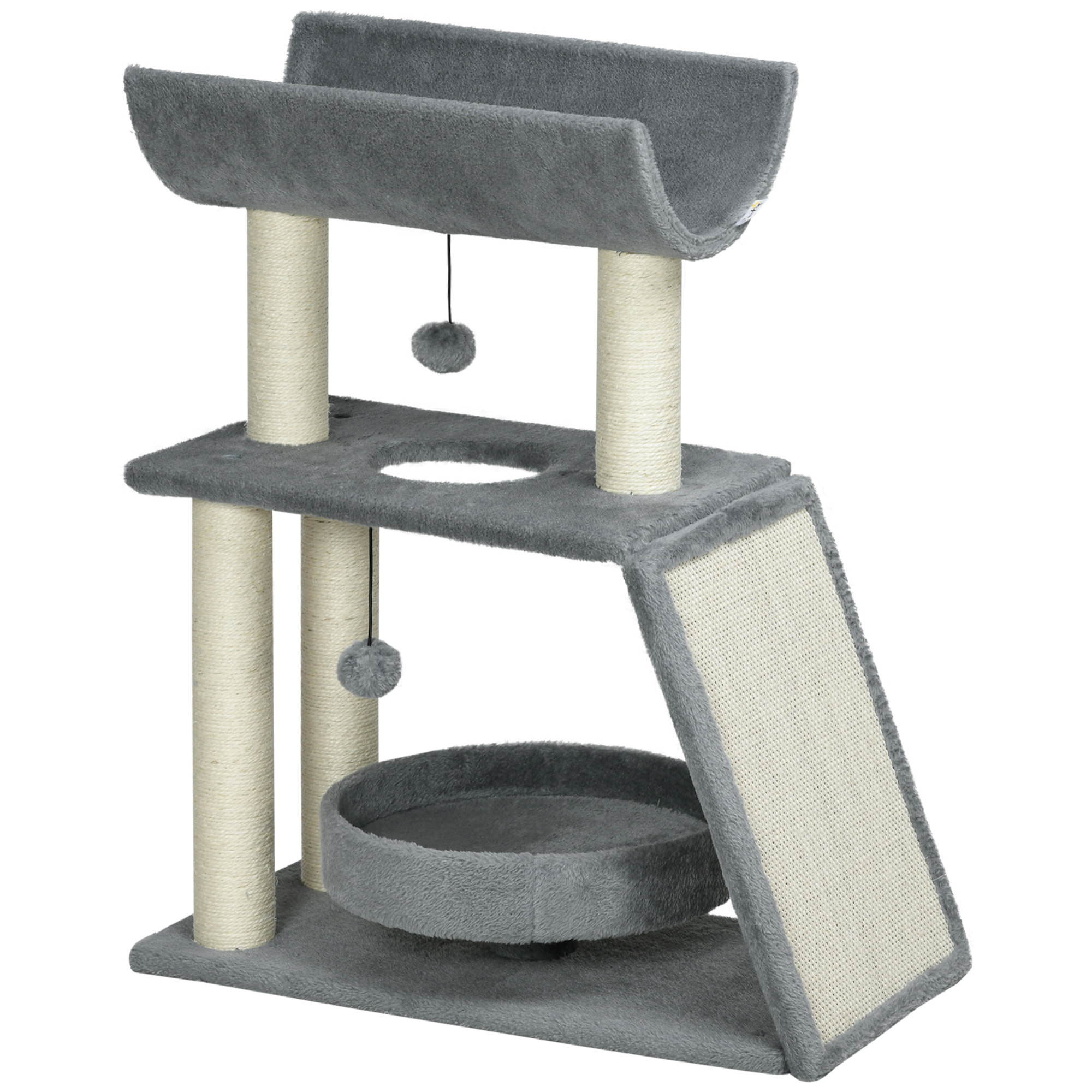 Rascador para Gatos Árbol para Gatos Altura 76 cm con 4 Postes Rascadores Nido Plataforma en U Almohadilla para Rascar Bolas Colgantes Gris Claro