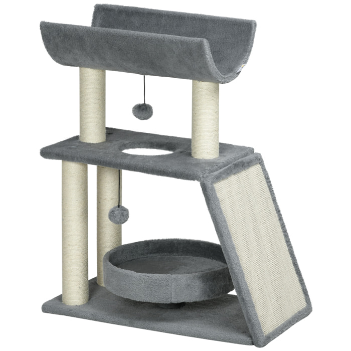 Rascador para Gatos Árbol para Gatos Altura 76 cm con 4 Postes Rascadores Nido Plataforma en U Almohadilla para Rascar Bolas Colgantes Gris Claro