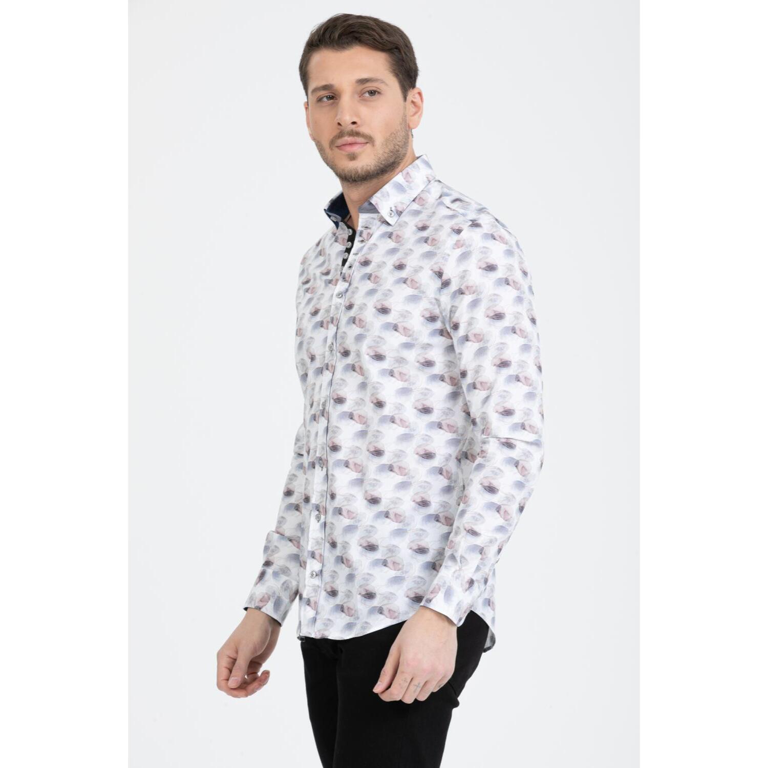Camicia Uomo 1 Bottoni Button Down Slim Popeline Stampato Bianco/Grigio Chiaro