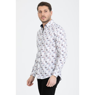 Camicia Uomo 1 Bottoni Button Down Slim Popeline Stampato Bianco/Grigio Chiaro