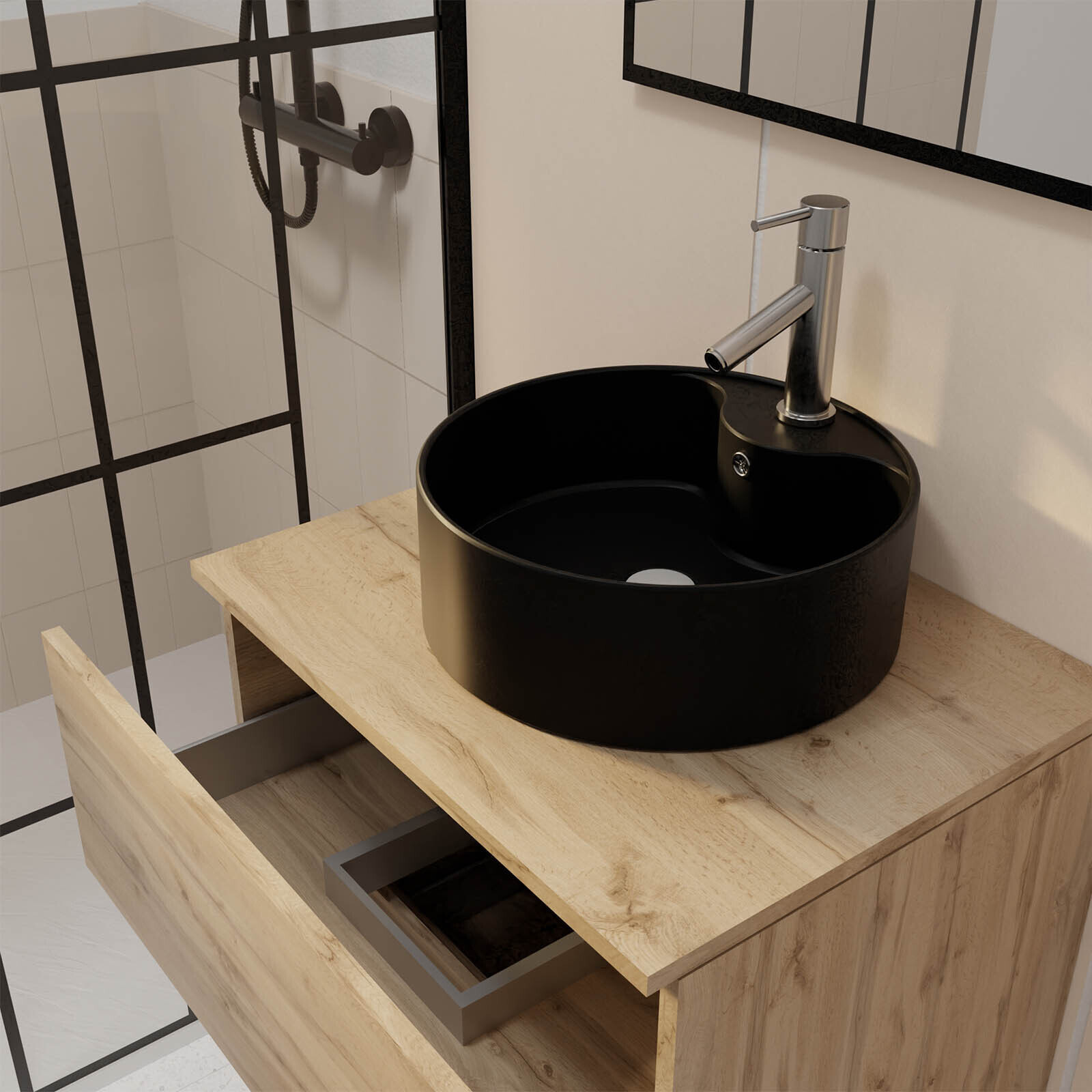 Meuble Salle de Bains 60cm 2 Tiroirs Chêne Naturel + Vasque Noire Ø41cm et Miroir 60x80cm