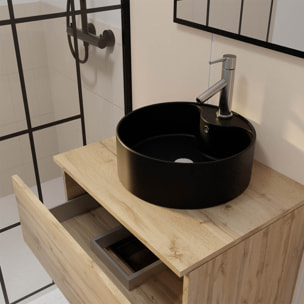 Meuble Salle de Bains 60cm 2 Tiroirs Chêne Naturel + Vasque Noire Ø41cm et Miroir 60x80cm