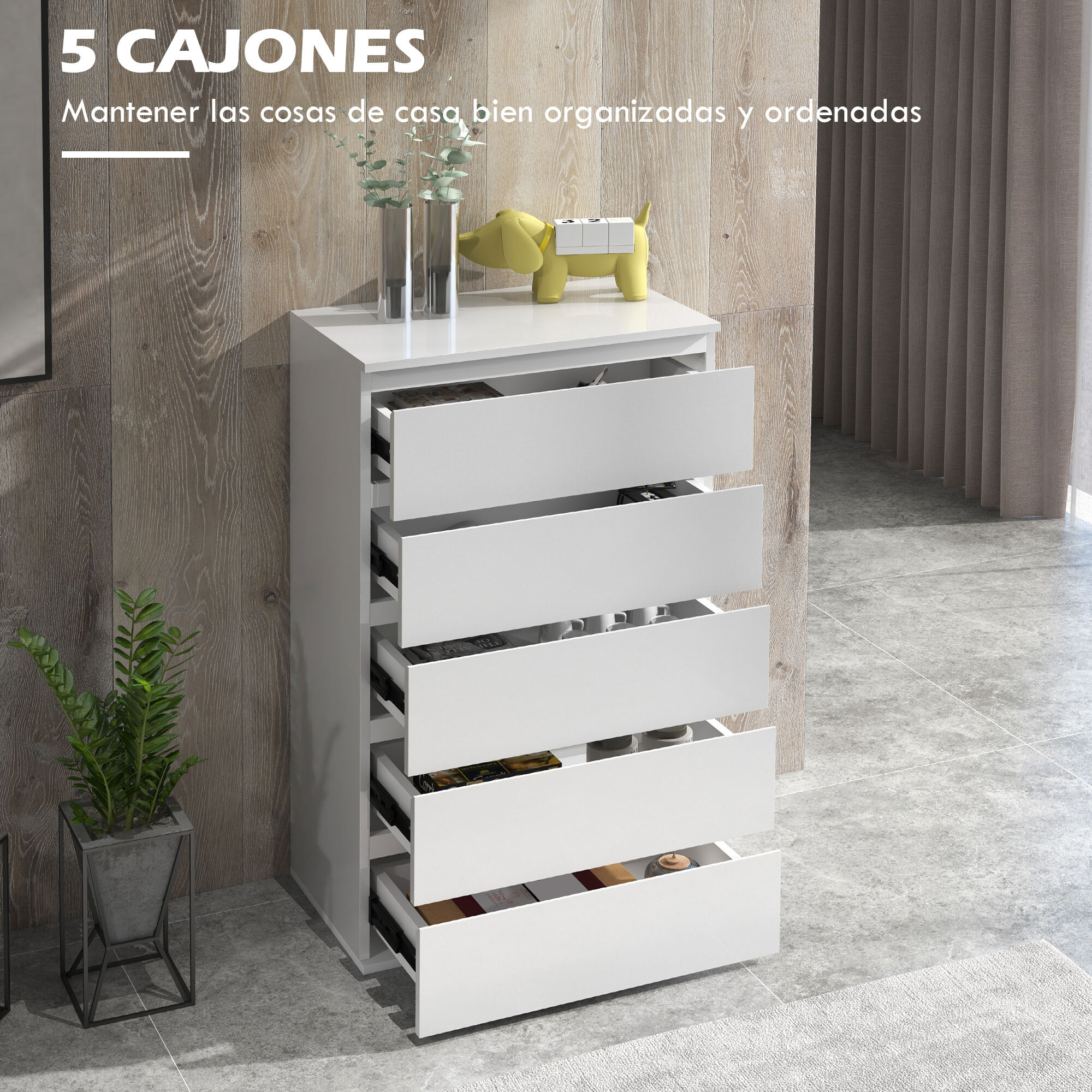 Cómoda con 5 Cajones de Madera Cajonera de Dormitorio Cómoda Blanca Brillante para Salón Habitación Dormitorio Estilo Moderno 53x33x100 cm