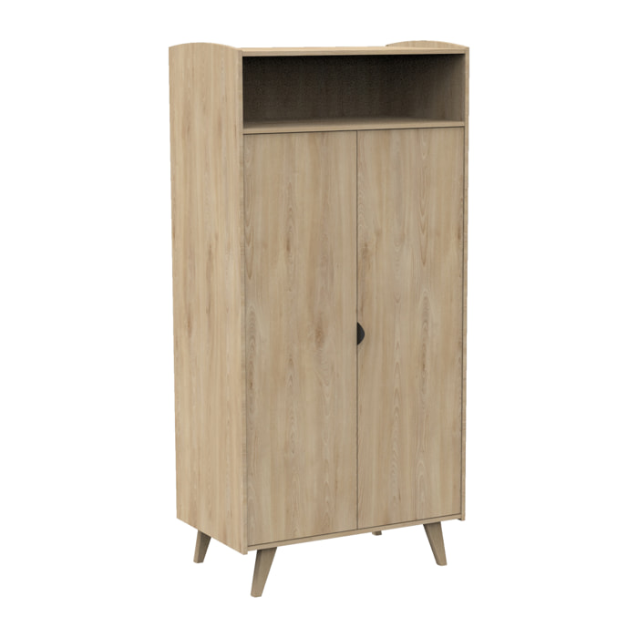 Armoire 2 portes et une niche avec étagères et penderie - poignées métal décor bois hêtre charme