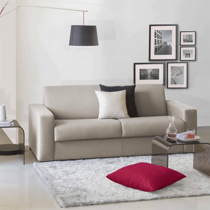 Divano letto 2 posti Asimi, Sofà Soggiorno apertura girevole, Tessuto imbottito, Braccioli standard, 100% Made in Italy, Cm 180x95h90, Tortora