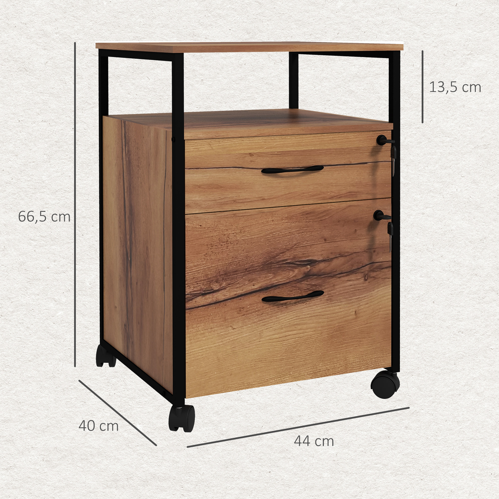 Vinsetto Cajonera de Oficina con Cerradura Armario Archivador Móvil con Ruedas 2 Cajones Barra Colgante para Tamaño Carta A4 y 2 Llaves 44x40x66,5 cm Marrón Rústico