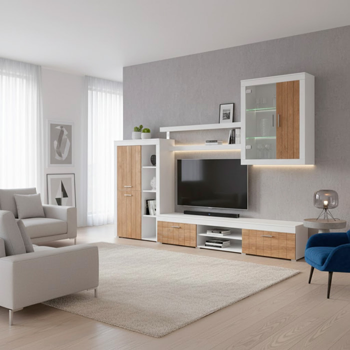 Parete Attrezzata Da Soggiorno Salotto Moderna Con Ante Mensole Vani A Giorno Vetrinetta Mobile TV Design Moderno 293 x 193 x 50 Cm Bianco E Noce