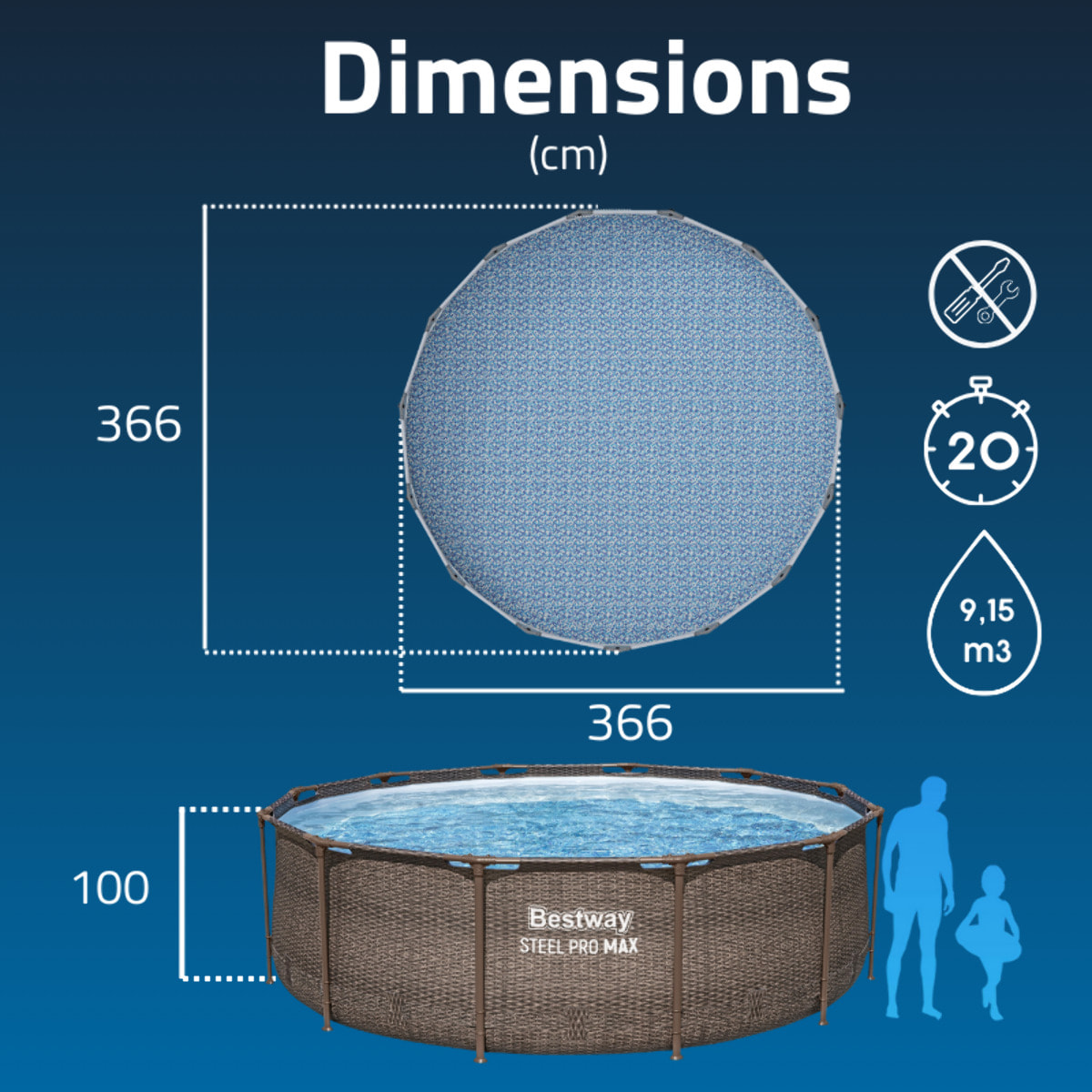 Bestway Piscine hors sol - Ronde - Steel Pro Max - Effet Rotin - 366 x 366 x 100 cm - Sans accessoires