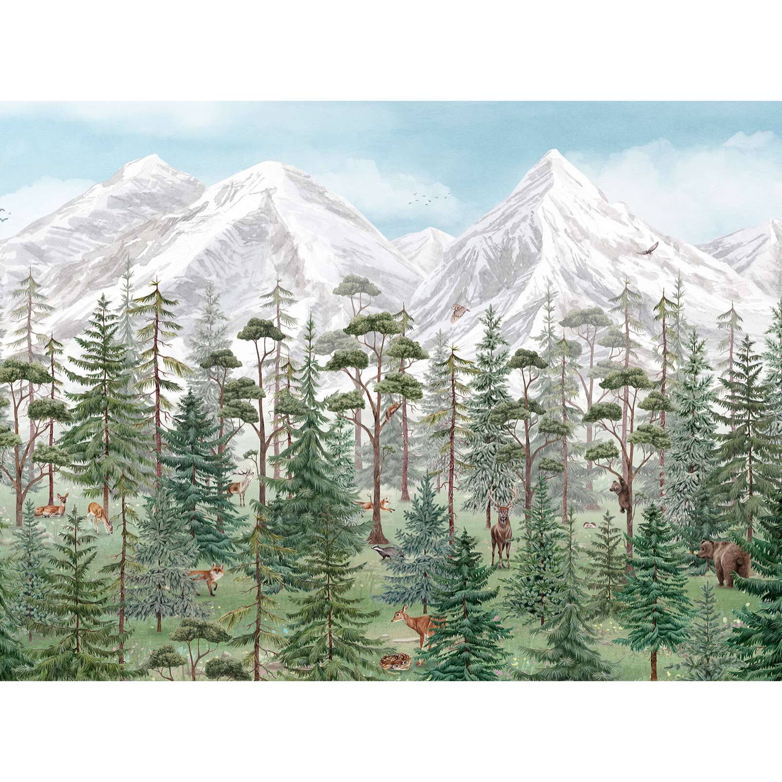 Papier peint panoramique animaux en montagne Intissé