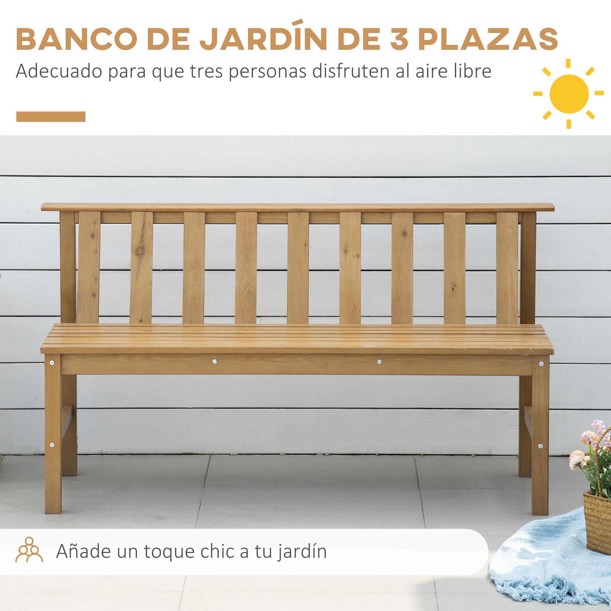 Banco de Jardín de 3 Plazas Banco Exterior de Madera con Respaldo de Listones para Terraza Patio Balcón Carga 360 kg 144x60x77 cm Natural