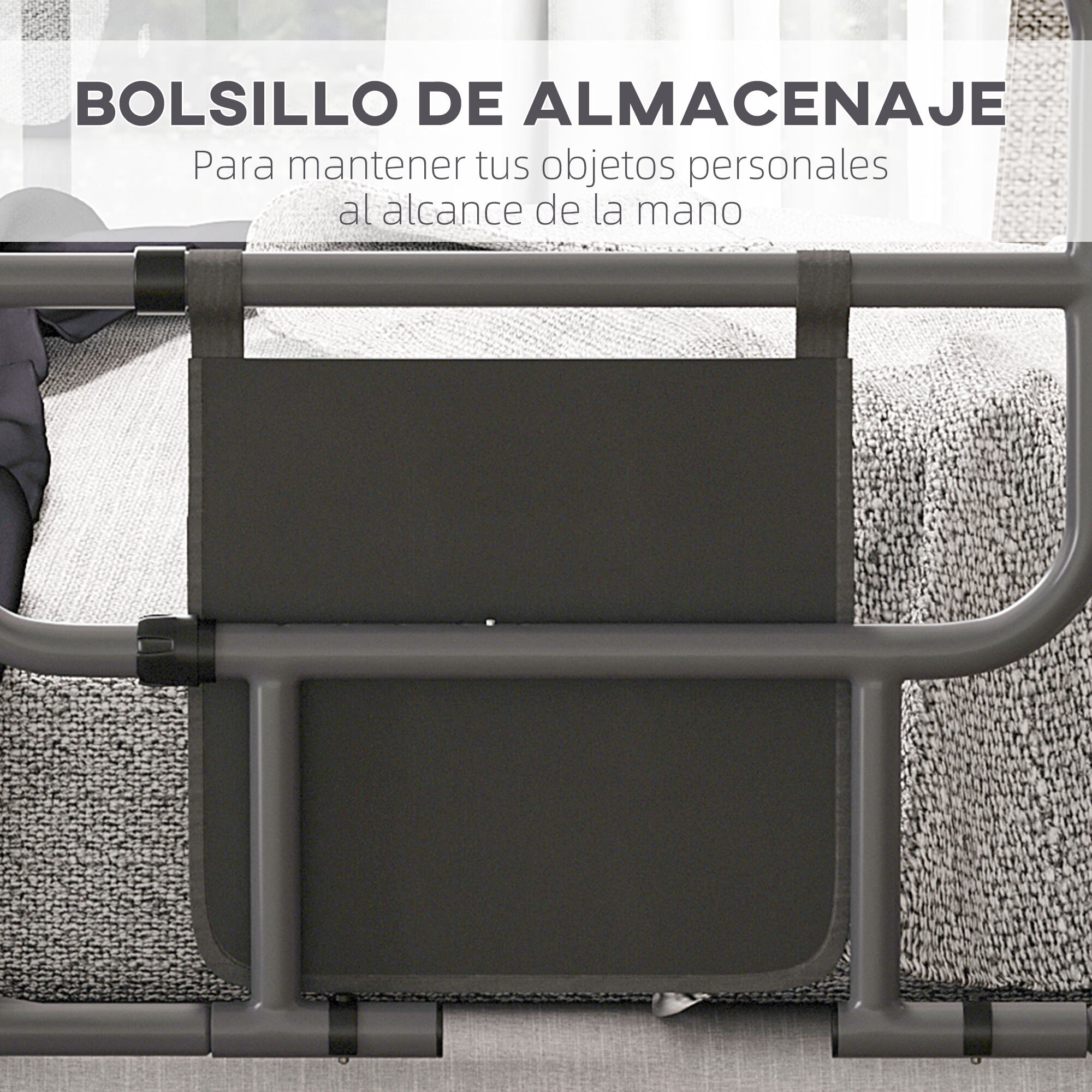 Barandilla de Cama Adulto Asidero para la Cama Plegable Barrera de Cama con Bolsillo de Almacenamiento para Discapacitados y Personas Mayores 61x66x55 cm Gris y Negro