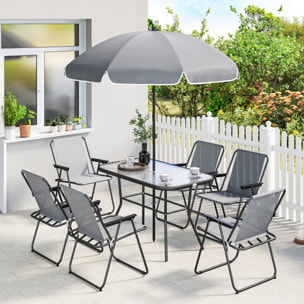 Conjunto de Mesa y Sillas Jardín de 8 Piezas, Muebles de Jardín Exterior con Sombrilla, 6 Sillas Plegables, Mesa de Vidrio Templado, para Terraza, Patio, Gris