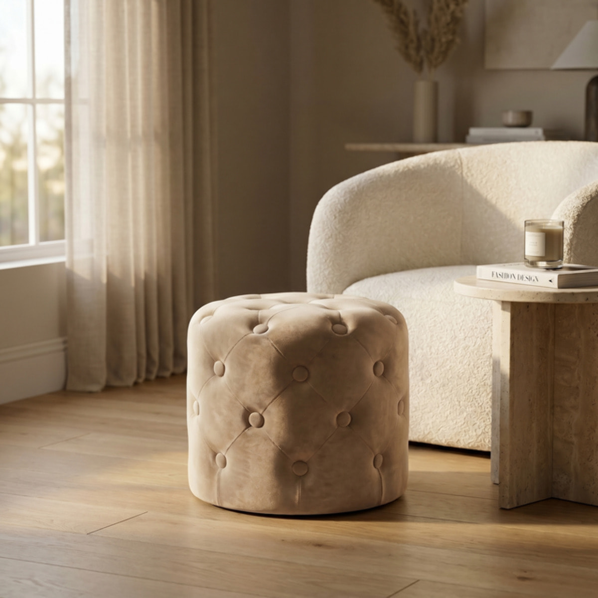 Pouf Poggiapiedi in Velluto Capitonné, Pouf Contenitore Design Moderno, Seduta Imbottita Multiuso per Soggiorno Camera da Letto Living, Complemento d’Arredo Elegante Stile Contemporaneo