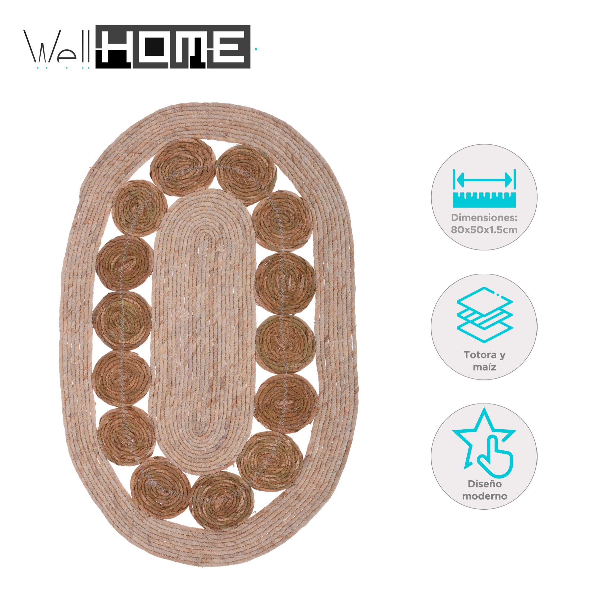 Alfombra ovalada de hoja de totora y maíz 80x50cm