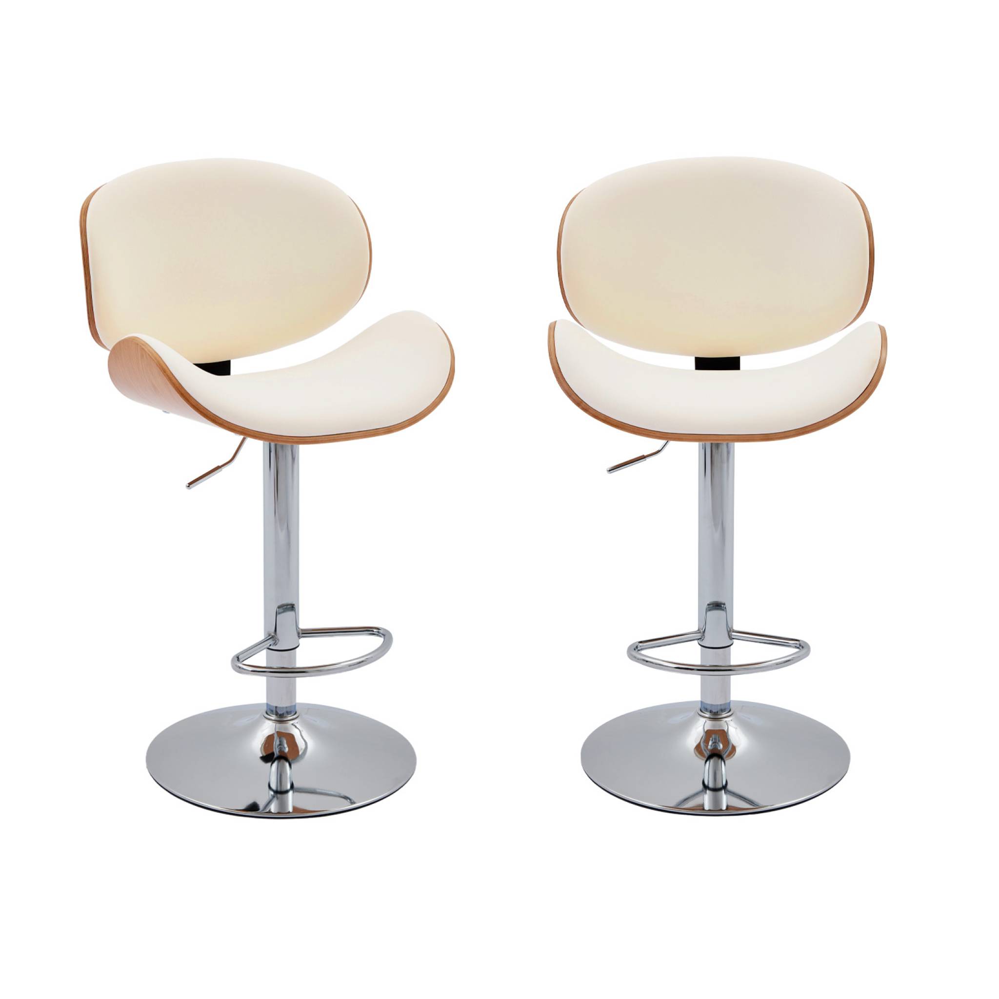 Lot de 2 tabourets de bar réglable décor bois courbé et simili cuir chêne. blanc et pieds chromés - L 53  P 51 x H 95-116cm - Dwight