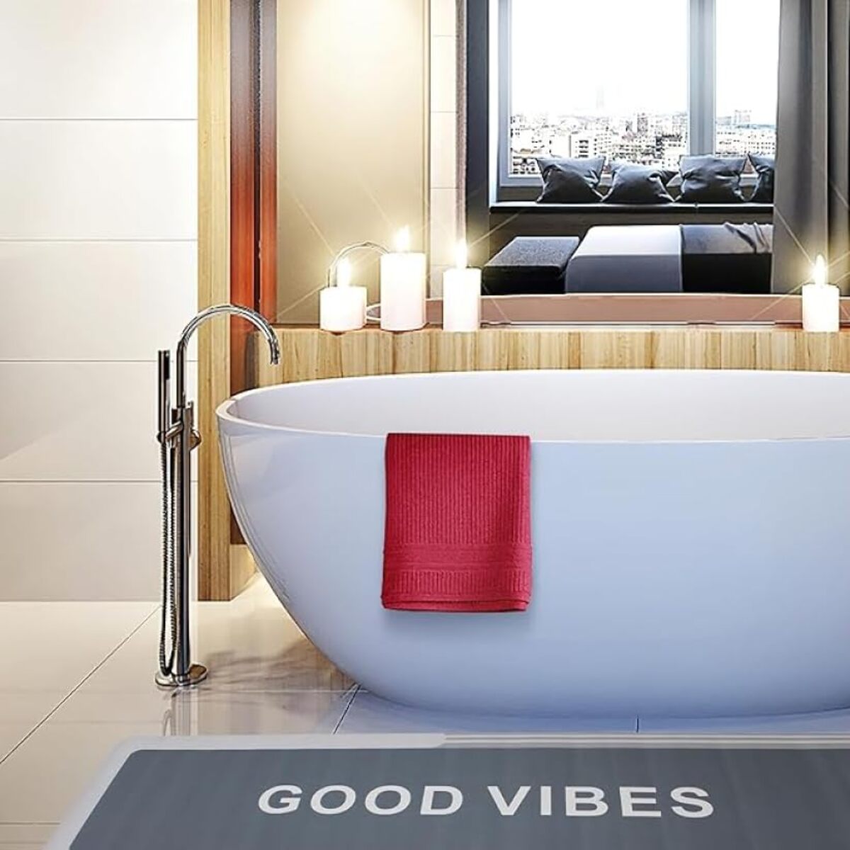 Tappeto Bagno, Tappeto Doccia Antiscivolo, Assorbente, Lavabile, 50x140 cm, Tappetino Magico per Bagno e Cucina. Modello: Good Vibes