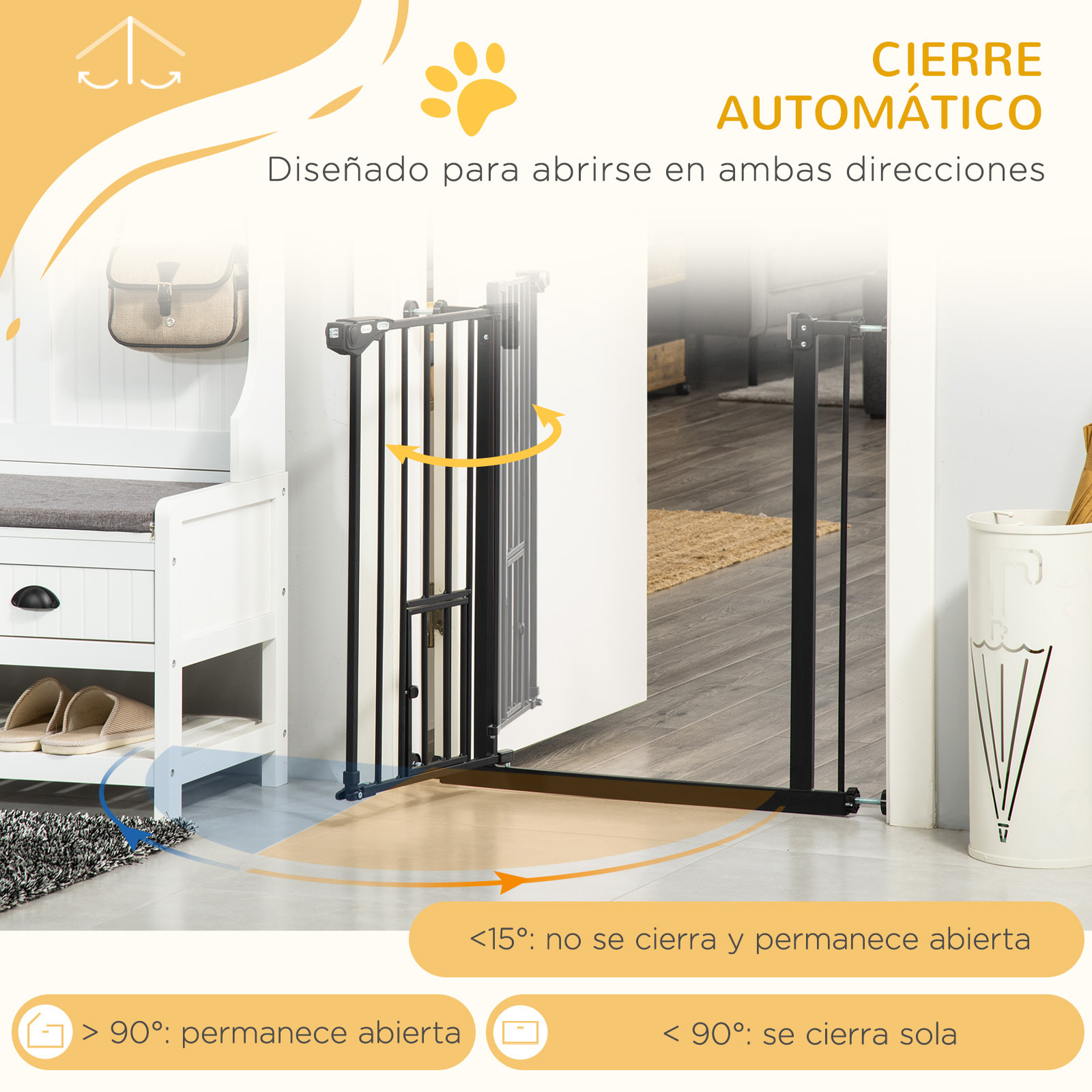 Barrera de Seguridad para Perros Barrera para Mascotas Extensible con Puerta Pequeño Cierre Automático y Sistema de Doble Bloqueo para Puerta Pasillo Escalera 74-80x76,2 cm Negro