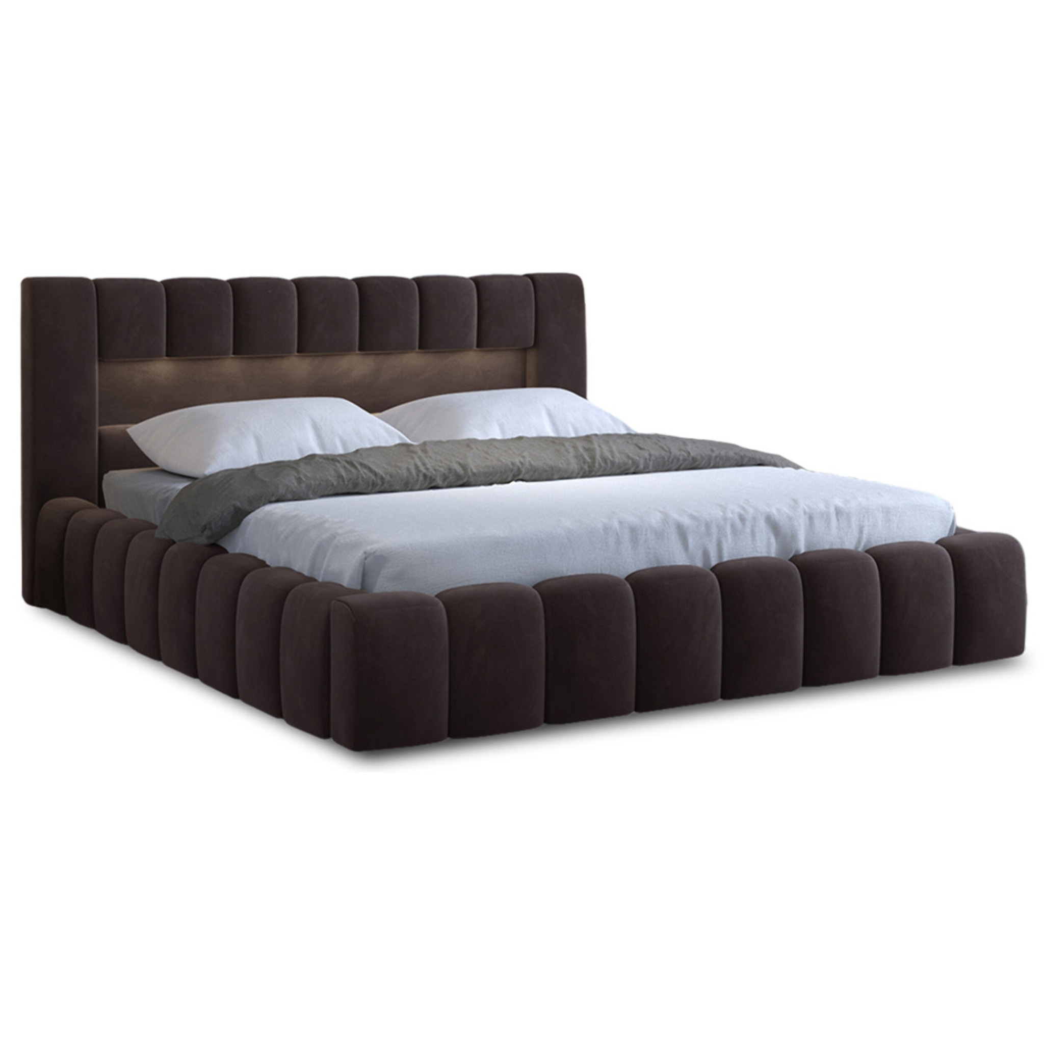 Cleo - lit coffre avec led - 160x200 cm - sommier inclus - en velours - Marron