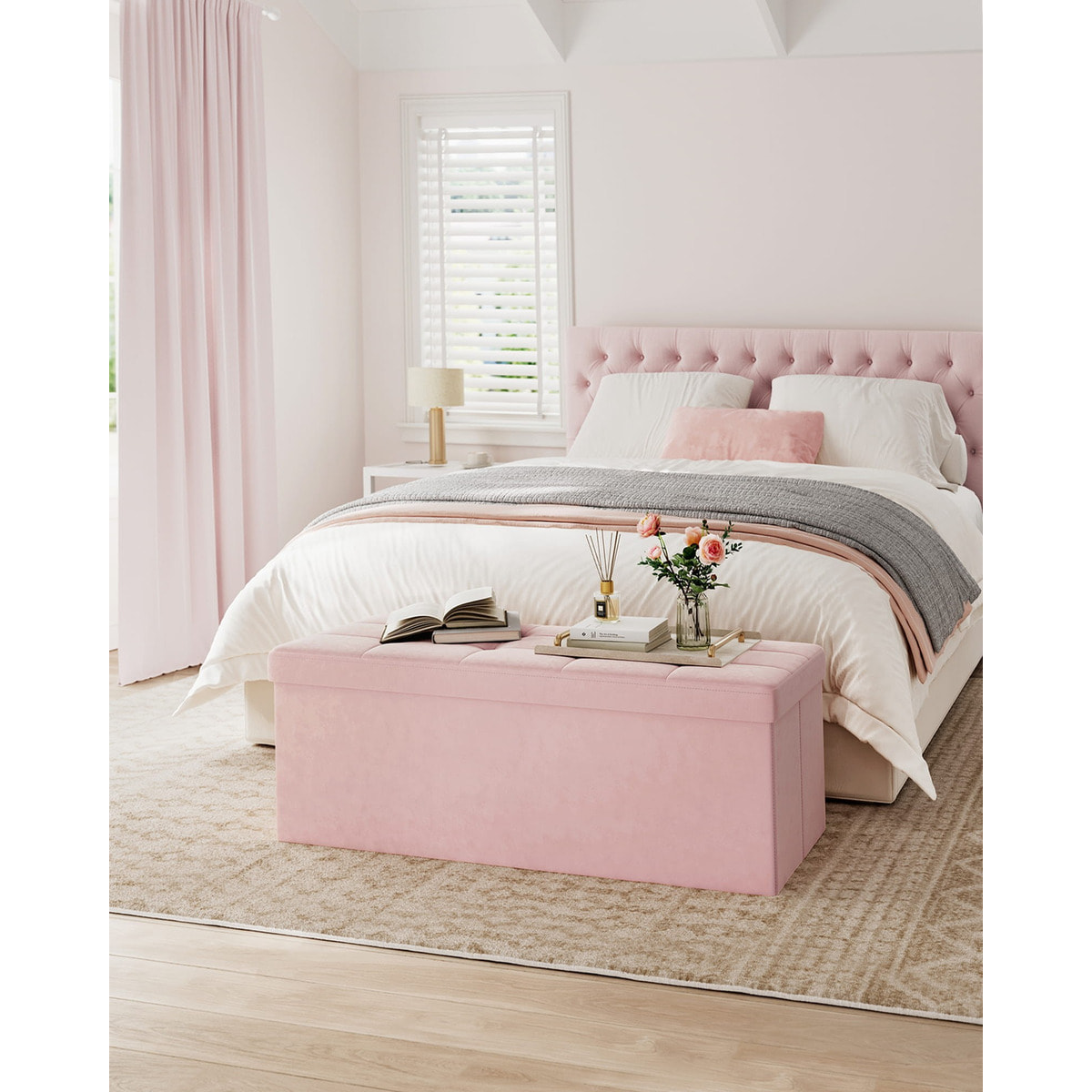 Panca Contenitore Pieghevole Oskar in Velluto Rosa Pastello