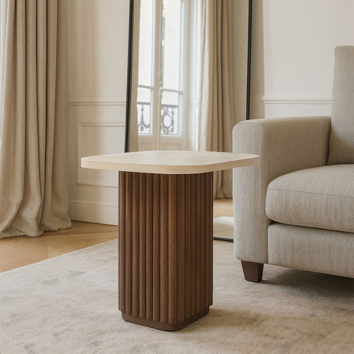 Table d'appoint carré effet travertin et pied effet noyer 40cm