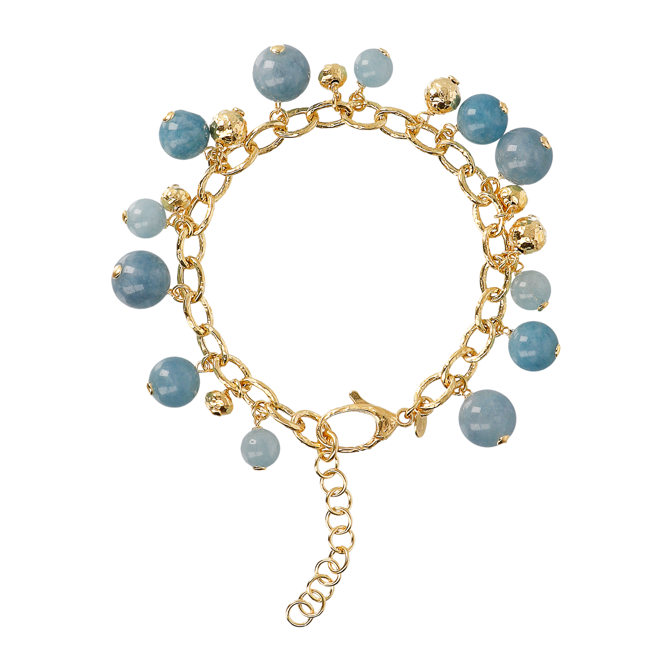 Bracciale in Argento 925 Placcato Oro Giallo 18kt con Ciondoli Sfere Martellate e in Pietra Naturale Quarzite Celeste