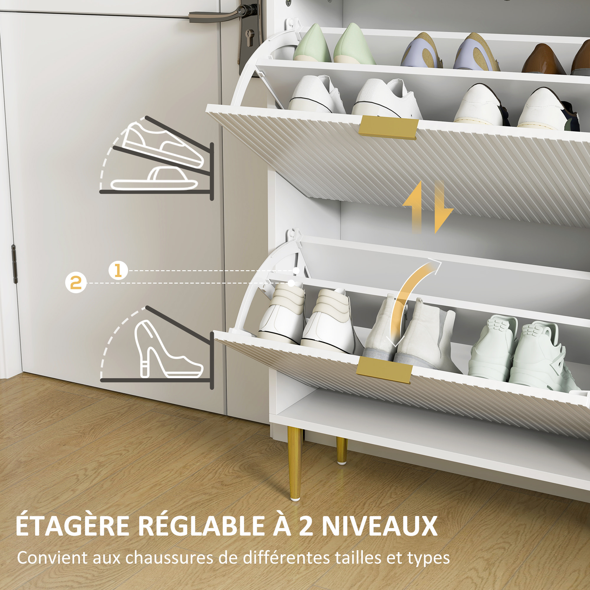 Meuble à chaussures style Art déco 4 portes piètement poignées métal doré 105 x 24 x 91 cm blanc