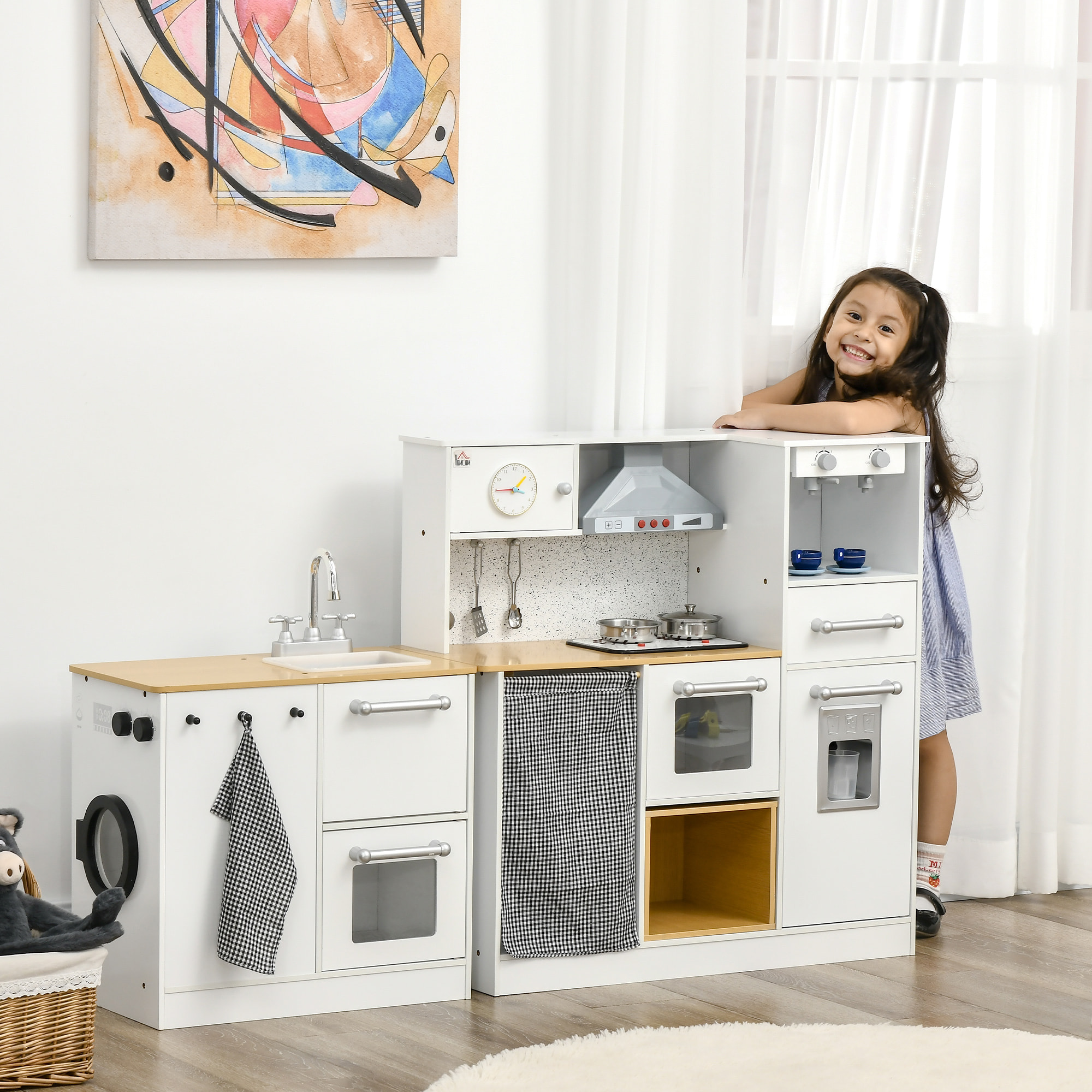 HOMCOM Cucina Giocattolo 2 Pezzi per Bambini 3-6 Anni con Utensili da Cucina, Luci ed Effetti Sonori, in MDF e PP