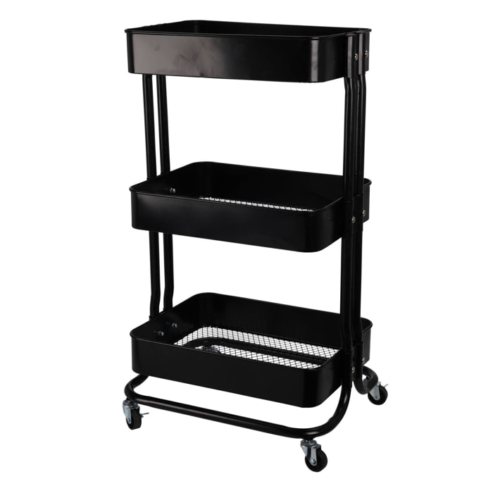 Well home carro de cocina de hierro en negro con ruedas y 3 cajones