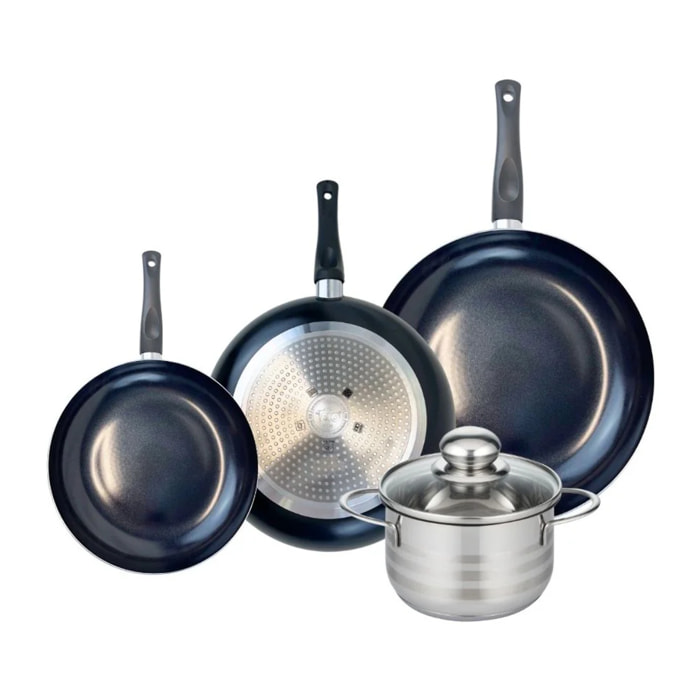 Ensemble de 3 Poêles de cuisson 20, 24 et 28 cm et 1 faitout 16 cm Elo Prima Brillant