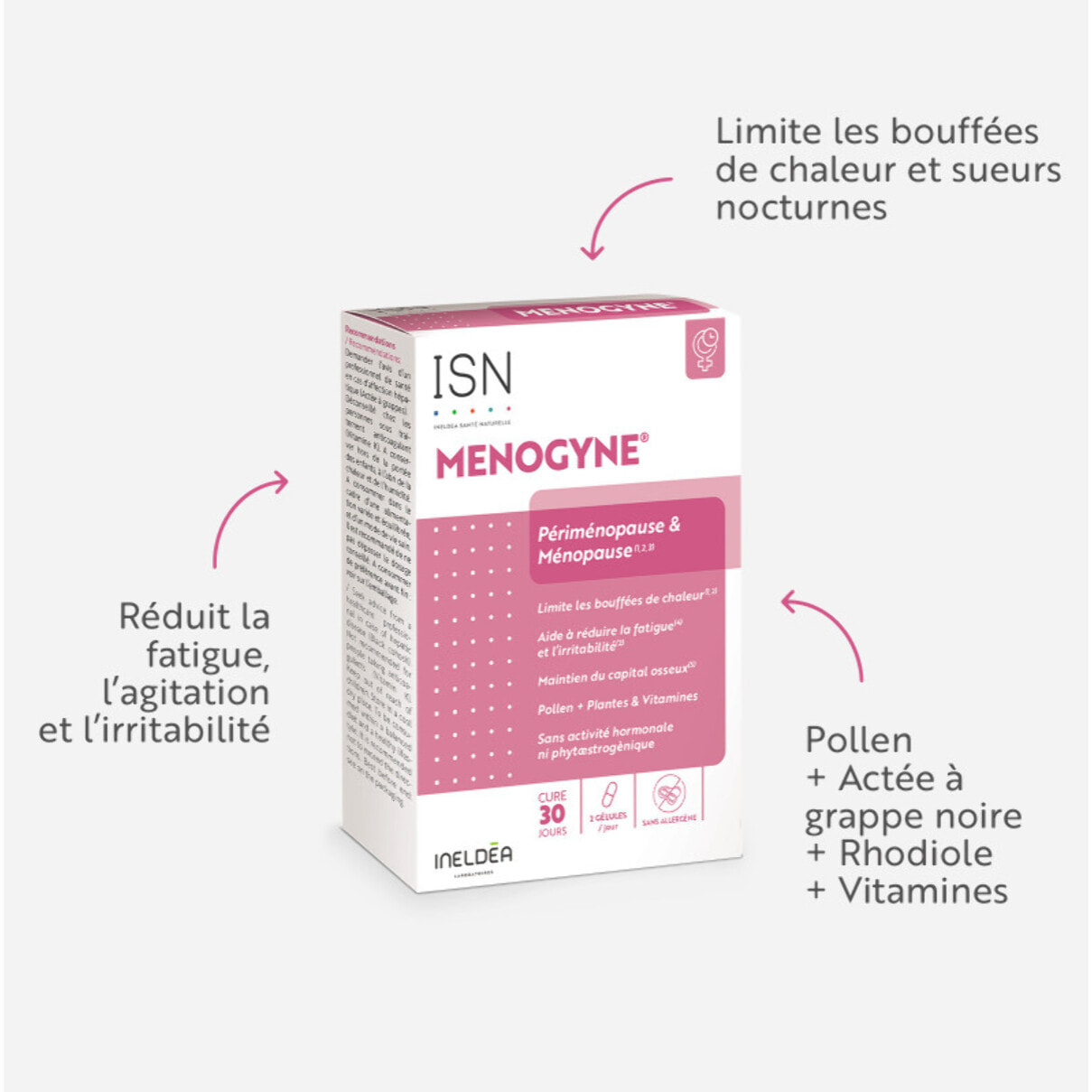 ISN - Menogyne - Ménopause & Préménopause - Limite les bouffées de chaleur & sueurs nocturnes - Rééquilibre l'activité hormonale - Pollen, Rhodiole, Vitamines B6, B9 & B12 - Cure 30 jours