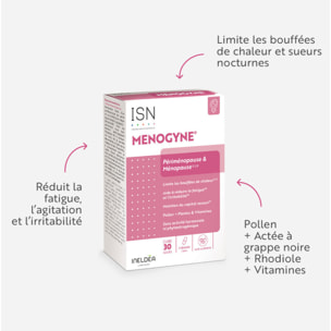 ISN - Menogyne - Ménopause & Préménopause - Limite les bouffées de chaleur & sueurs nocturnes - Rééquilibre l'activité hormonale - Pollen, Rhodiole, Vitamines B6, B9 & B12 - Cure 30 jours