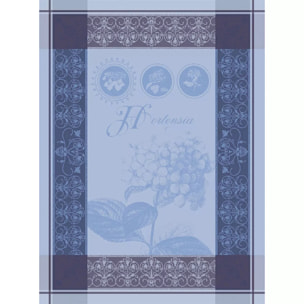 Torchon pur coton motif jacquard bleu Hortensia bleu