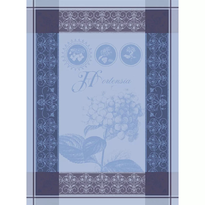 Torchon pur coton motif jacquard bleu Hortensia bleu