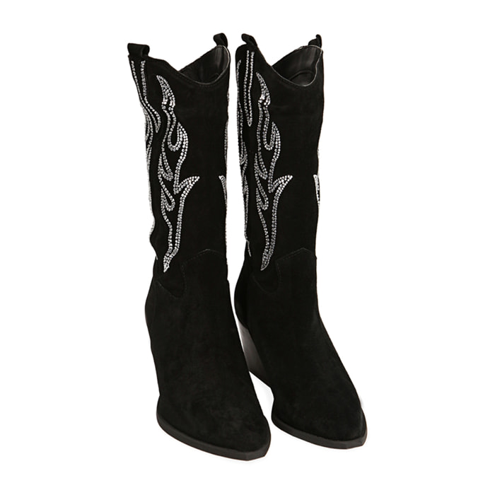 Stivali texani bassi neri in camoscio, tacco 7 cm