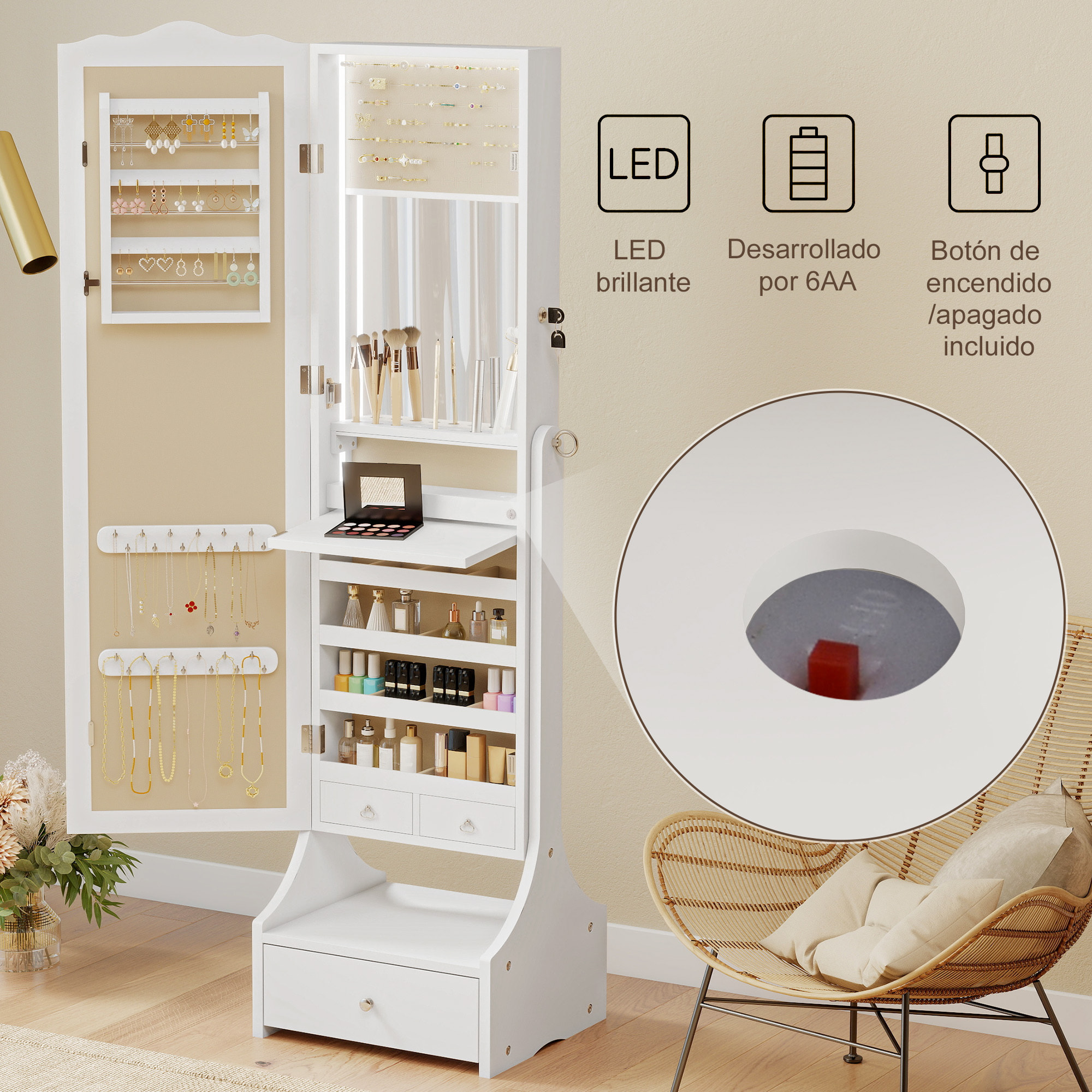 Espejo Joyero con Luces LED, Armario para Joyas, Armario Joyero con Espejo Entero de Ángulo Ajustable, Cajones, Mesa Interior Plegable, Cerradura, Luces Apagado Automático, Blanco y Forro Beige